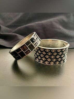 2 Silver-tone & Black Bracelet Cuffs Geometric